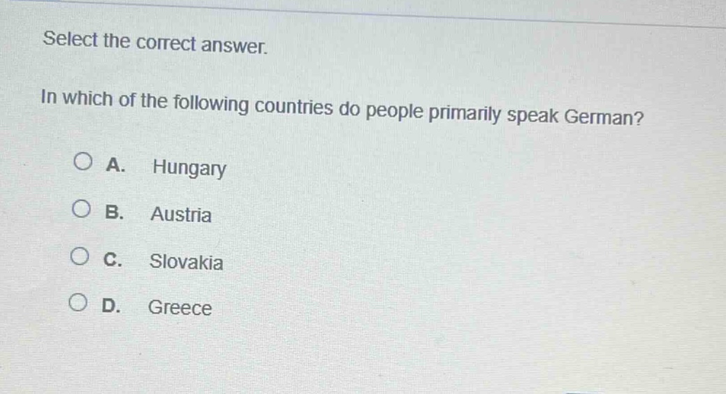 select the correct answer. in which of the following countries do people primarily speak german? a. hungary b. austria c. slovakia d. greece