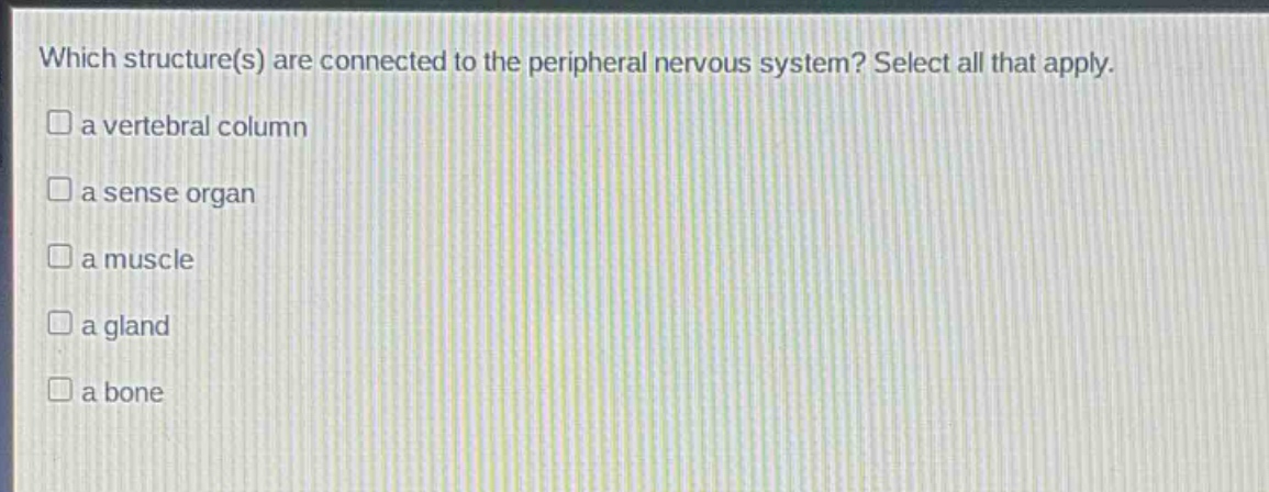 which structure(s) are connected to the peripheral nervous system? select all that apply. a vertebral column a sense organ a muscle a gland a bone