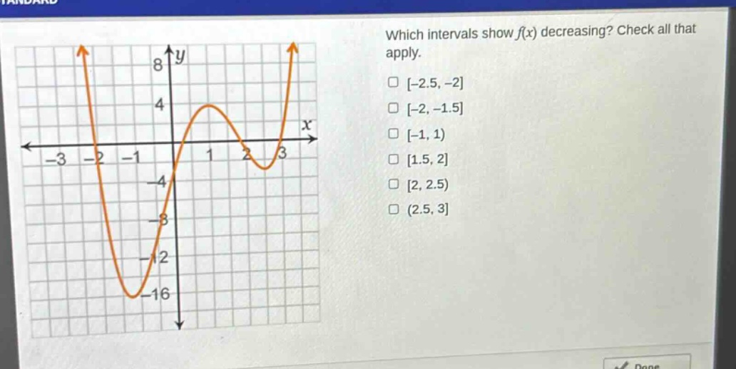 which intervals show f(x) decreasing? check all that apply. -2.5, -2 -2, -1.5 -1, 1 1.5, 2 2, 2.5 (2.5, 3