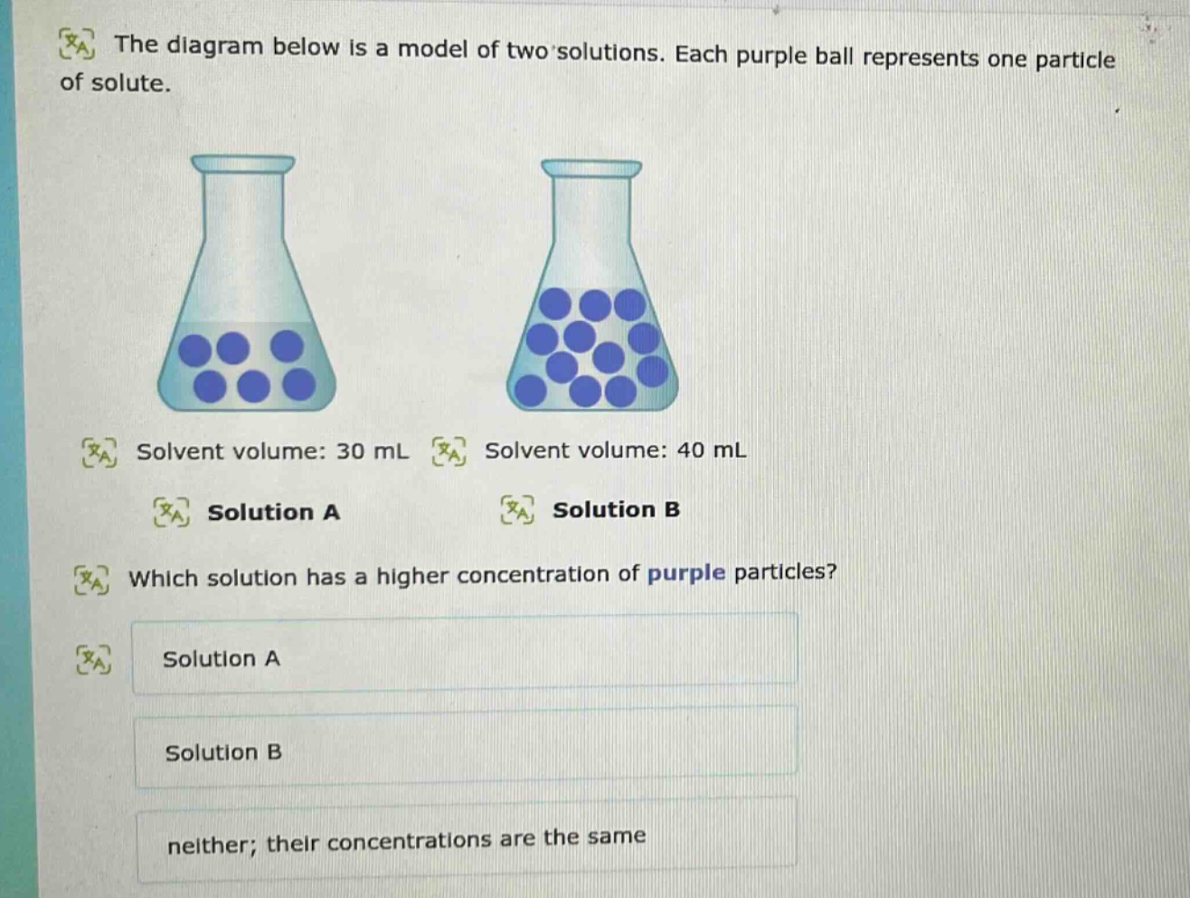 the diagram below is a model of two solutions. each purple ball represents one particle of solute. solvent volume: 30 ml solution a solvent volume: 40 ml solution b which solution has a higher concentration of purple particles? solution a solution b neither; their concentrations are the same