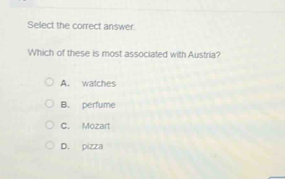 select the correct answer. which of these is most associated with austria? a. watches b. perfume c. mozart d. pizza
