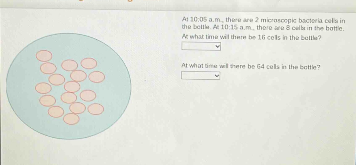 at 10:05 a.m., there are 2 microscopic bacteria cells in the bottle. at 10:15 a.m., there are 8 cells in the bottle. at what time will there be 16 cells in the bottle? at what time will there be 64 cells in the bottle?