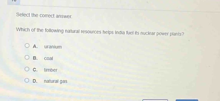 select the correct answer. which of the following natural resources helps india fuel its nuclear power plants? a. uranium b. coal c. timber d. natural gas