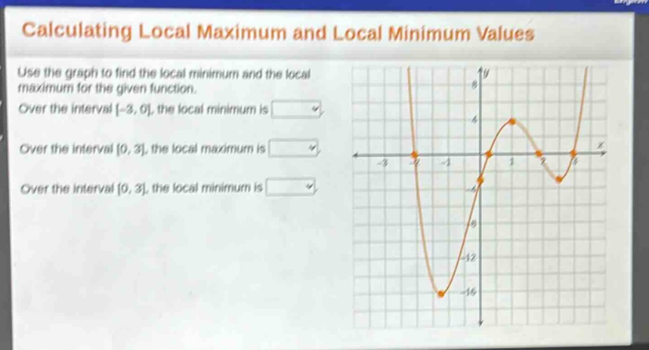 calculating local maximum and local minimum values\nuse the graph to find the local minimum and the local\nmaximum for the given function.\nover the interval -3, 0, the local minimum is \nover the interval 0, 3, the local maximum is \nover the interval 0, 3, the local minimum is