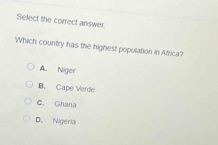 select the correct answer. which country has the highest population in africa? a. niger b. cape verde c. ghana d. nigeria