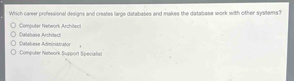 which career professional designs and creates large databases and makes the database work with other systems?\ncomputer network architect\ndatabase architect\ndatabase administrator\ncomputer network support specialist