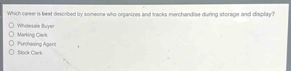 which career is best described by someone who organizes and tracks merchandise during storage and display?\nwholesale buyer\nmarking clerk\npurchasing agent\nstock clerk