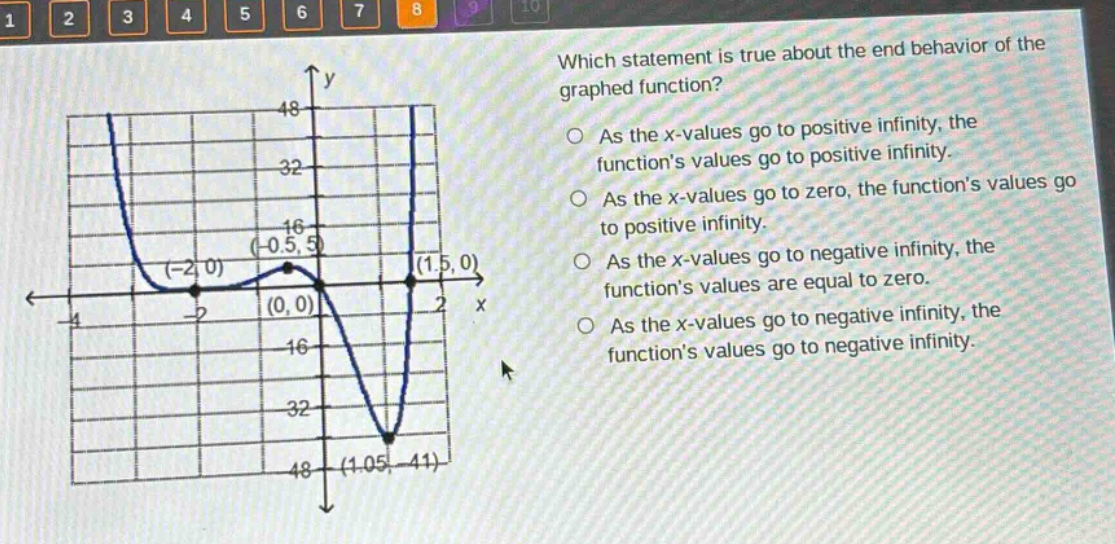 which statement is true about the end - behavior of the graphed function? as the x - values go to positive infinity, the functions values go to positive infinity. as the x - values go to zero, the functions values go to positive infinity. as the x - values go to negative infinity, the functions values are equal to zero. as the x - values go to negative infinity, the functions values go to negative infinity.