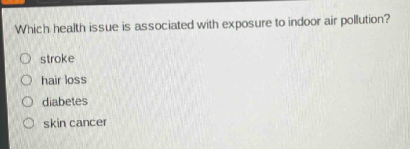 which health issue is associated with exposure to indoor air pollution? stroke hair loss diabetes skin cancer