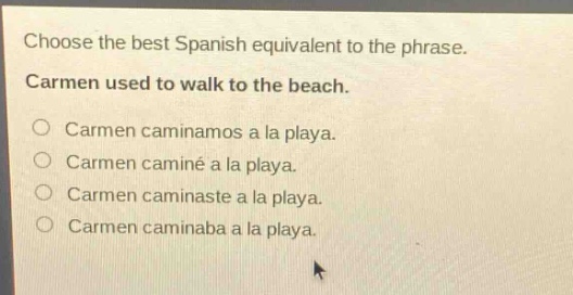choose the best spanish equivalent to the phrase. carmen used to walk to the beach. carmen caminamos a la playa. carmen caminé a la playa. carmen caminaste a la playa. carmen caminaba a la playa.