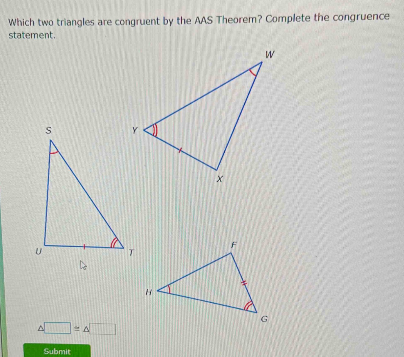 which two triangles are congruent by the aas theorem? complete the congruence statement.