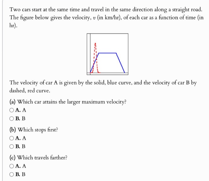 two cars start at the same time and travel in the same direction along a straight road. the figure below gives the velocity, v (in km/hr), of each car as a function of time (in hr). the velocity of car a is given by the solid, blue curve, and the velocity of car b by dashed, red curve. (a) which car attains the larger maximum velocity? a. a b. b (b) which stops first? a. a b. b (c) which travels farther? a. a b. b