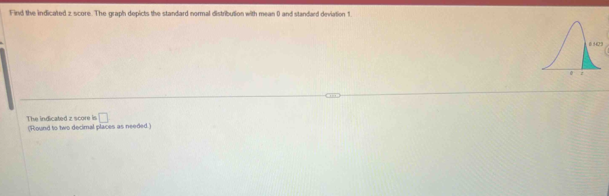 find the indicated z score. the graph depicts the standard normal distribution with mean 0 and standard deviation 1. the indicated z score is . (round to two decimal places as needed.)