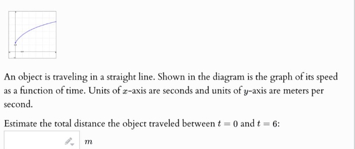 an object is traveling in a straight line. shown in the diagram is the graph of its speed as a function of time. units of x - axis are seconds and units of y - axis are meters per second. estimate the total distance the object traveled between t = 0 and t = 6: m
