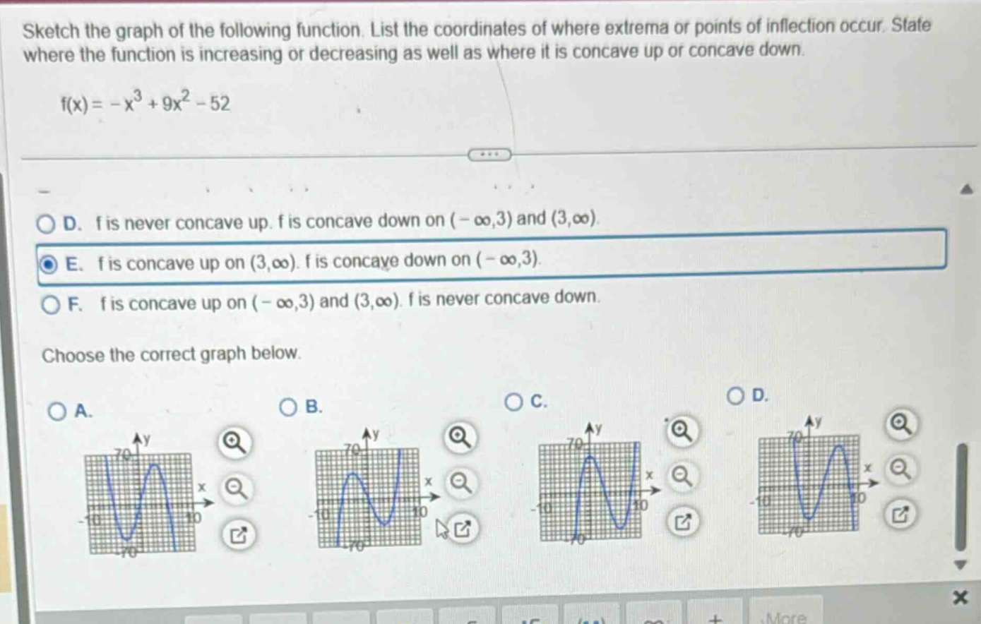 sketch the graph of the following function. list the coordinates of where extrema or points of inflection occur. state where the function is increasing or decreasing as well as where it is concave up or concave down.\nf(x)= -x³ + 9x² - 52\n\nd. f is never concave up. f is concave down on (-∞,3) and (3,∞).\ne. f is concave up on (3,∞). f is concave down on (-∞,3).\nf. f is concave up on (-∞,3) and (3,∞). f is never concave down.\nchoose the correct graph below.\na. graph icon\nb. graph icon\nc. graph icon\nd. graph icon