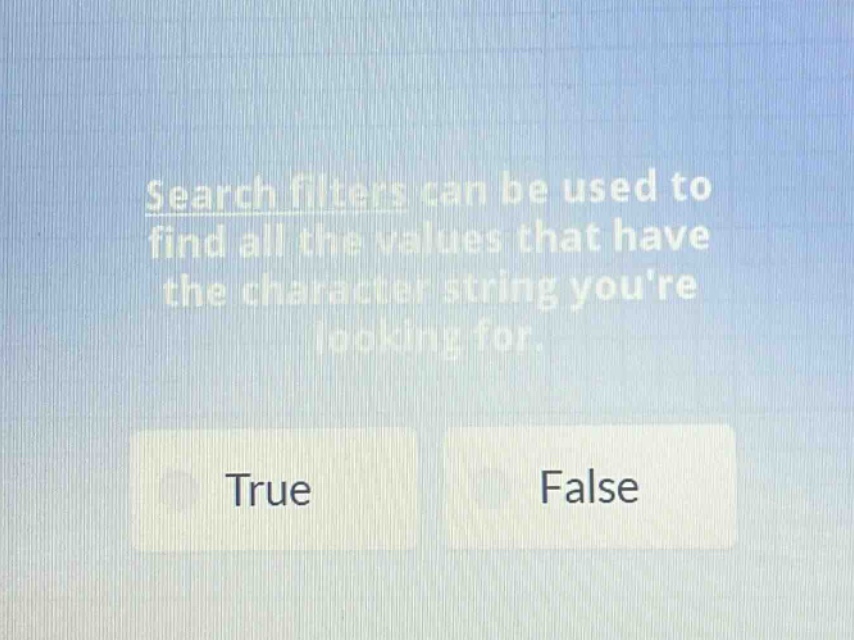 search filters can be used to find all the values that have the character string youre looking for. true false