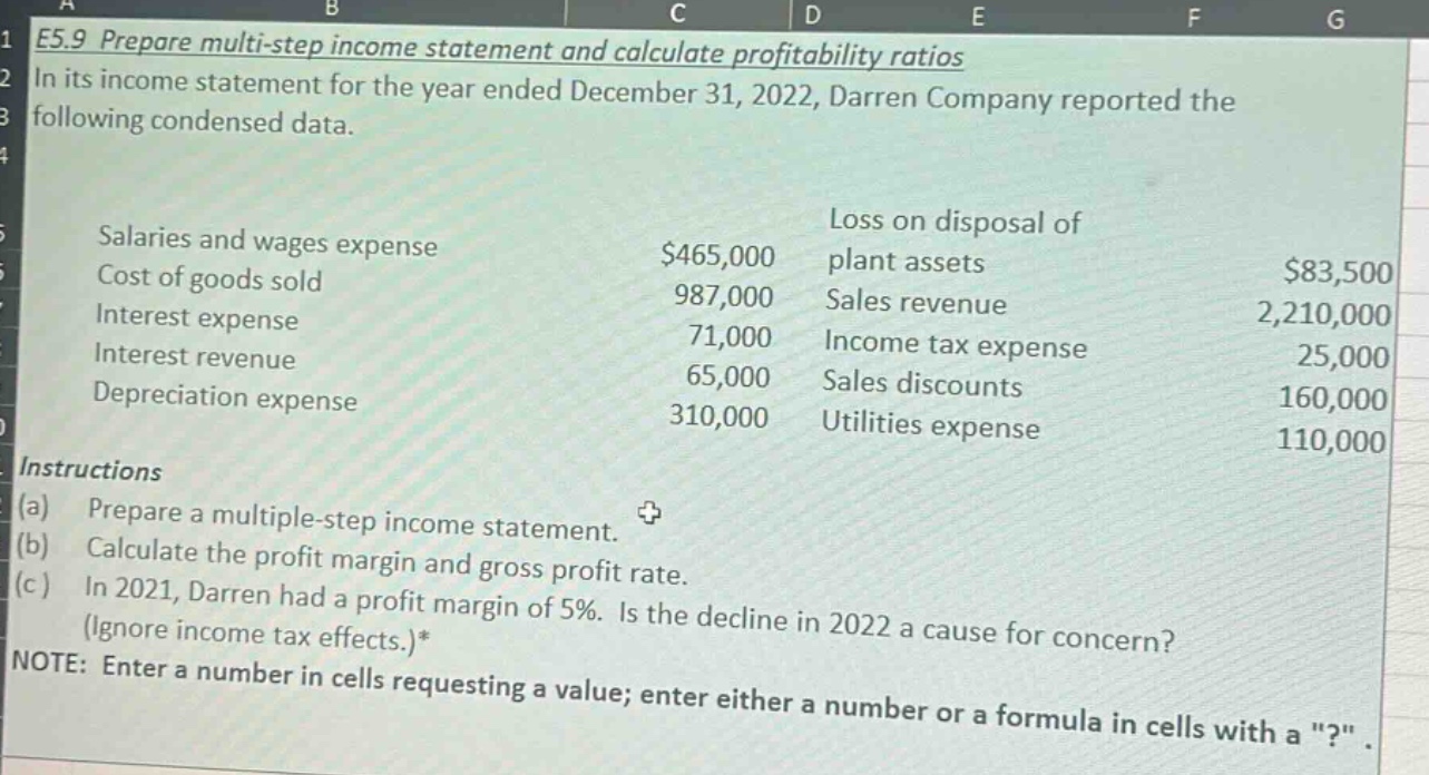 e5.9 prepare multi - step income statement and calculate profitability ratios\nin its income statement for the year ended december 31, 2022, darren company reported the following condensed data.\nsalaries and wages expense $465,000\ncost of goods sold 987,000\ninterest expense 71,000\ninterest revenue 65,000\ndepreciation expense 310,000\nloss on disposal of plant assets $83,500\nsales revenue 2,210,000\nincome tax expense 25,000\nsales discounts 160,000\nutilities expense 110,000\ninstructions\n(a) prepare a multiple - step income statement.\n(b) calculate the profit margin and gross profit rate.\n(c) in 2021, darren had a profit margin of 5%. is the decline in 2022 a cause for concern? (ignore income tax effects.)*\nnote: enter a number in cells requesting a value; enter either a number or a formula in cells with a \?\.