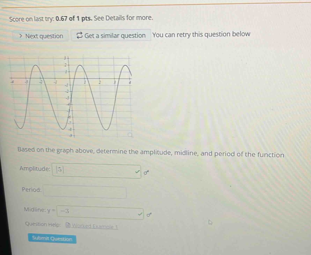 score on last try: 0.67 of 1 pts. see details for more. > next question get a similar question you can retry this question below based on the graph above, determine the amplitude, midline, and period of the function amplitude: 5 period: midline: y = - 3 question help: worked example 1 submit question