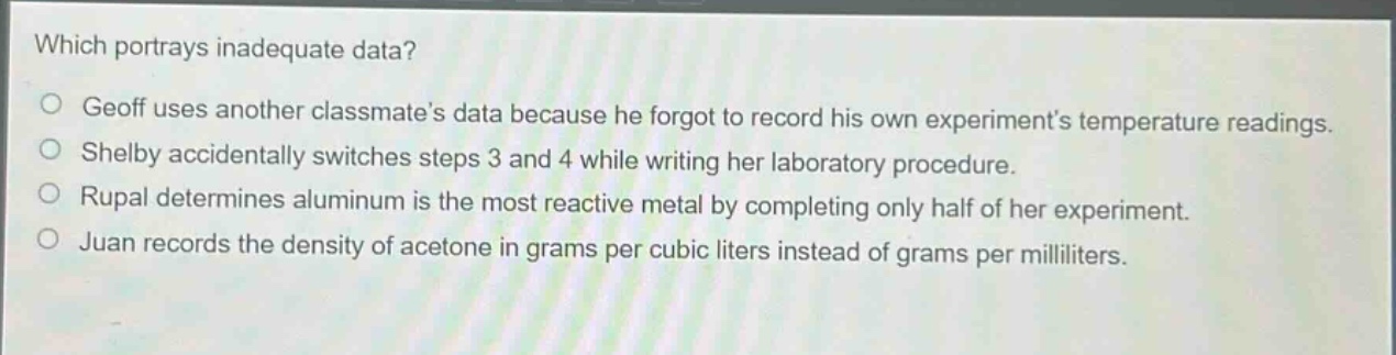 which portrays inadequate data?\no geoff uses another classmate’s data because he forgot to record his own experiment’s temperature readings.\no shelby accidentally switches steps 3 and 4 while writing her laboratory procedure.\no rupal determines aluminum is the most reactive metal by completing only half of her experiment.\no juan records the density of acetone in grams per cubic liters instead of grams per milliliters.