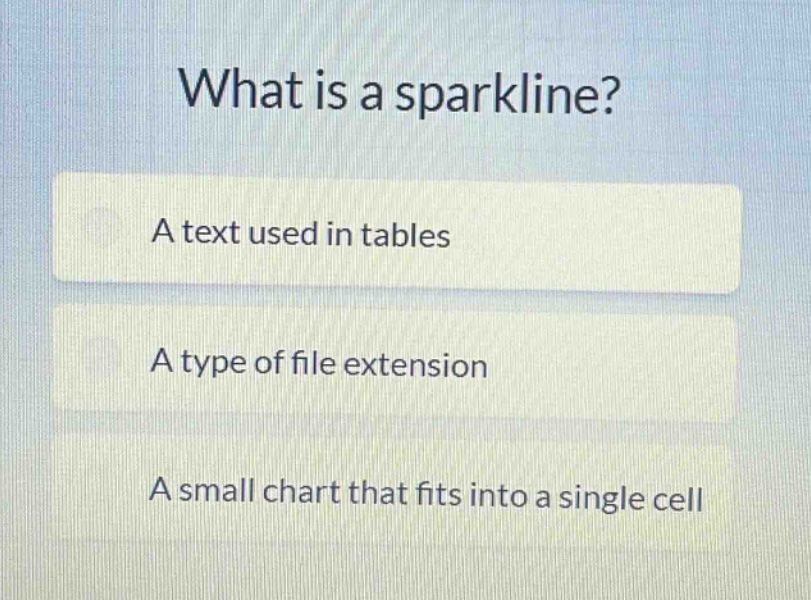 what is a sparkline? a text used in tables a type of file extension a small chart that fits into a single cell