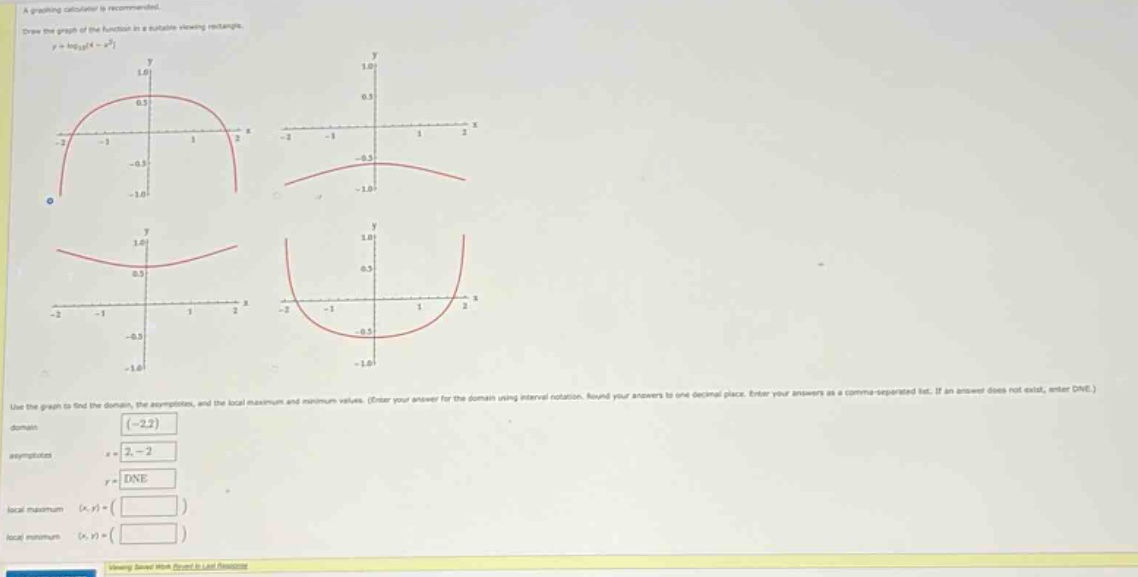 a graphing calculator is recommended. draw the graph of the function in a suitable viewing rectangle. y = log10(4 - x^2) use the graph to find the domain, the asymptotes, and the local maximum and minimum values. (enter your answer for the domain using interval notation. round your answers to one - decimal place. enter your answers as a comma - separated list. if an answer does not exist, enter dne.) domain: (-2,2) asymptotes: x = 2, - 2 y = dne local maximum (x,y) = ( ) local minimum (x,y) = ( )