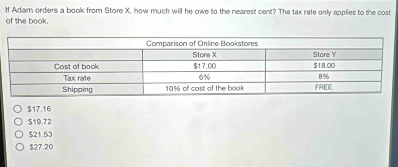 if adam orders a book from store x, how much will he owe to the nearest cent? the tax rate only applies to the cost of the book. comparison of online bookstores store x store y cost of book $17.00 $18.00 tax rate 6% 8% shipping 10% of cost of the book free $17.16 $19.72 $21.53 $27.20