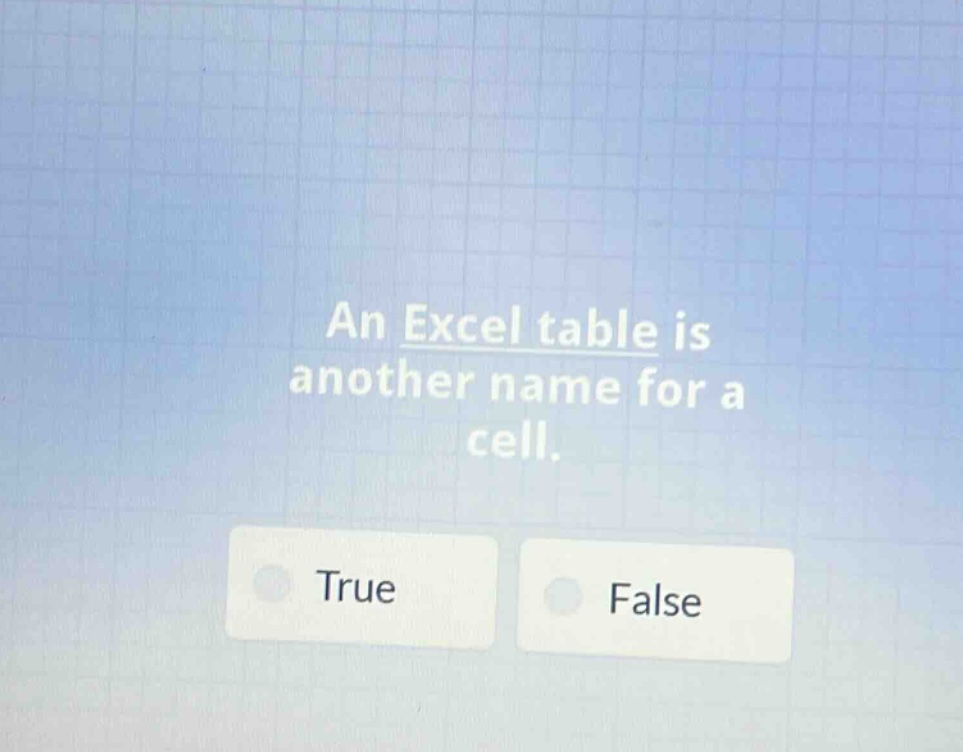 an excel table is another name for a cell. true false