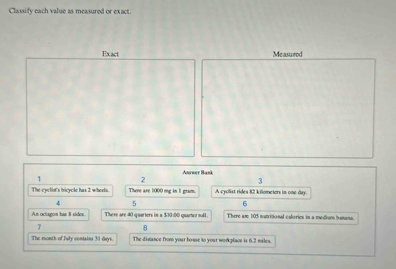 classify each value as measured or exact. exact measured answer bank 1 the cyclists bicycle has 2 wheels. 2 there are 1000 mg in 1 gram. 3 a cyclist rides 82 kilometers in one day. 4 an octagon has 8 sides. 5 there are 40 quarters in a $10.00 quarter roll. 6 there are 105 nutritional calories in a medium banana. 7 the month of july contains 31 days. 8 the distance from your house to your workplace is 6.2 miles.
