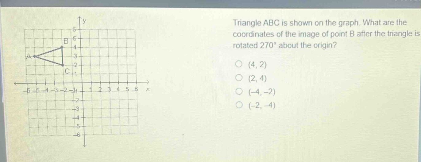 triangle abc is shown on the graph. what are the coordinates of the image of point b after the triangle is rotated 270° about the origin? (4, 2) (2, 4) (-4, -2) (-2, -4)