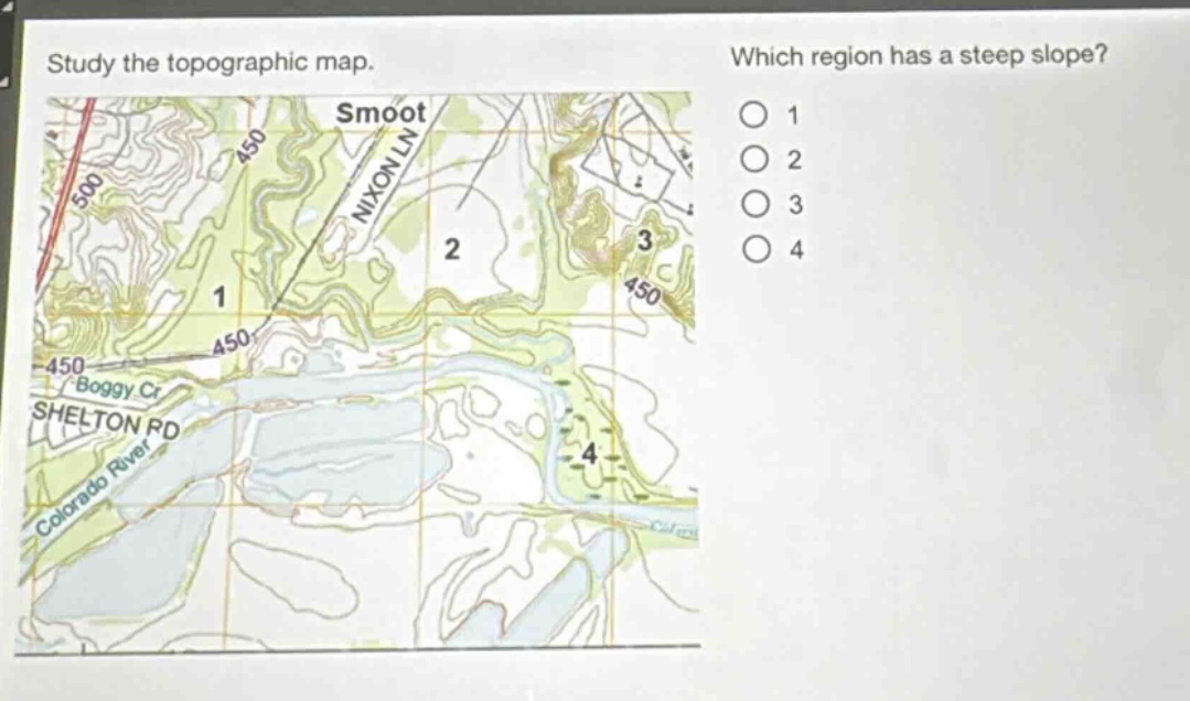 study the topographic map. which region has a steep slope? 1 2 3 4