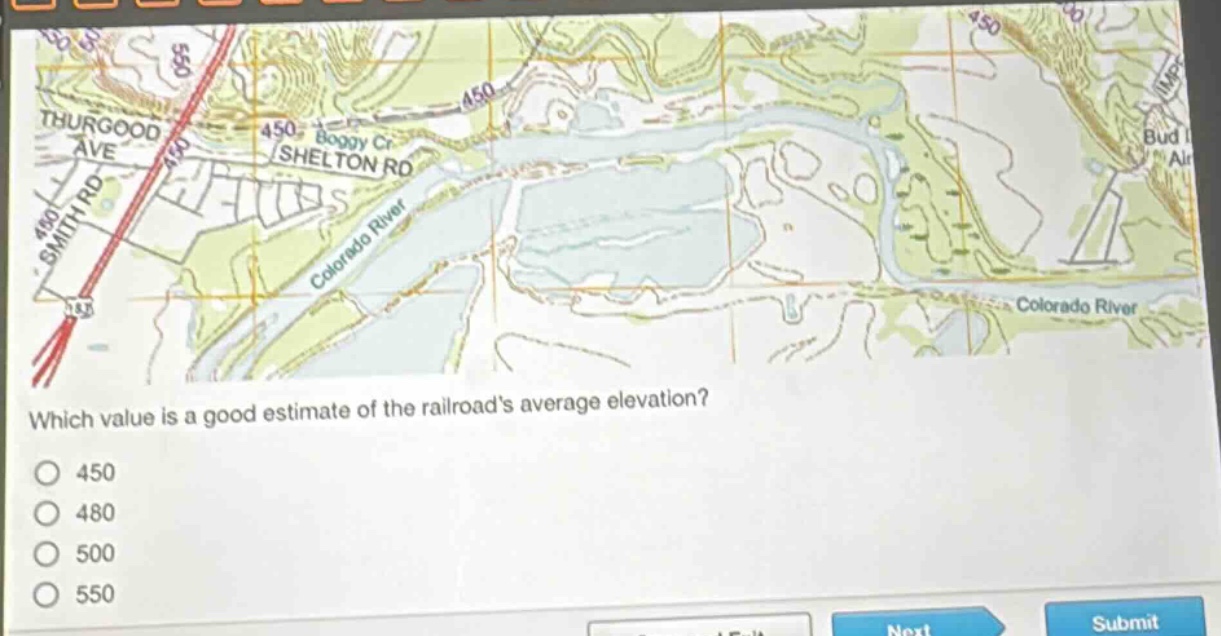which value is a good estimate of the railroads average elevation?\n450\n480\n500\n550