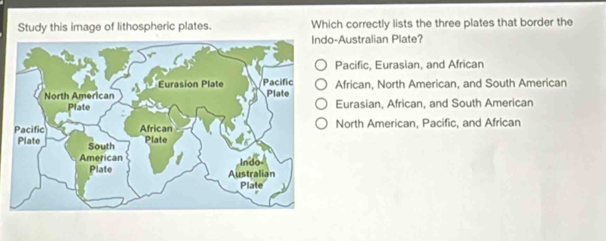 study this image of lithospheric plates. which correctly lists the three plates that border the indo - australian plate? pacific, eurasian, and african african, north american, and south american eurasian, african, and south american north american, pacific, and african