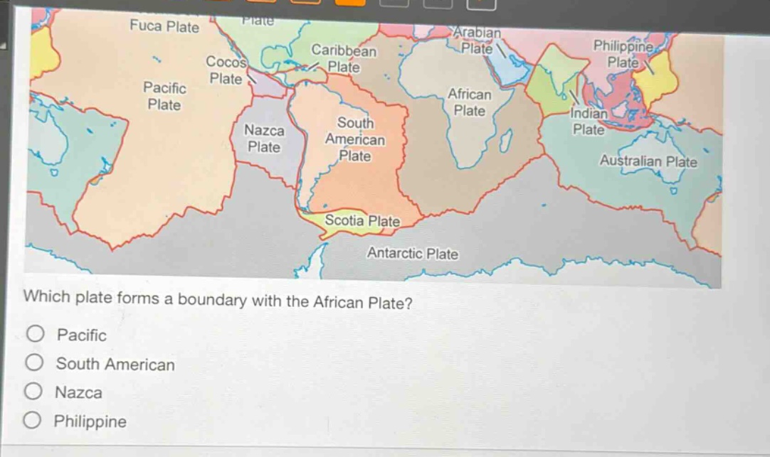 which plate forms a boundary with the african plate?\no pacific\no south american\no nazca\no philippine