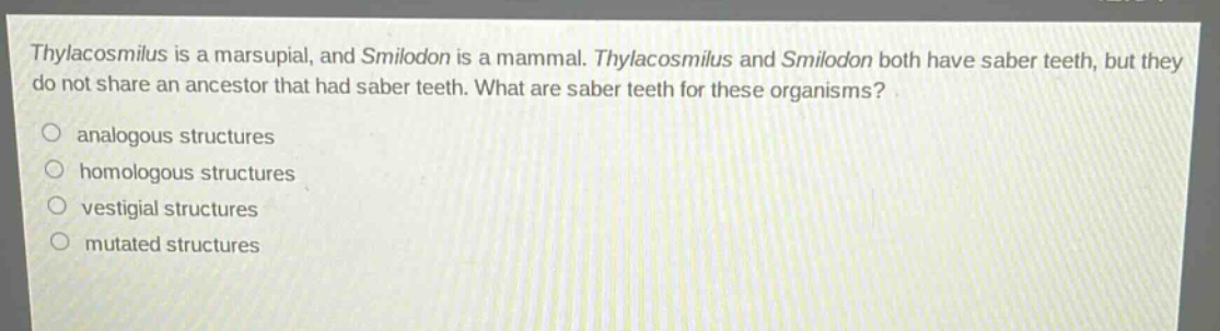 thylacosmilus is a marsupial, and smilodon is a mammal. thylacosmilus and smilodon both have saber teeth, but they do not share an ancestor that had saber teeth. what are saber teeth for these organisms?\nanalogous structures\nhomologous structures\nvestigial structures\nmutated structures