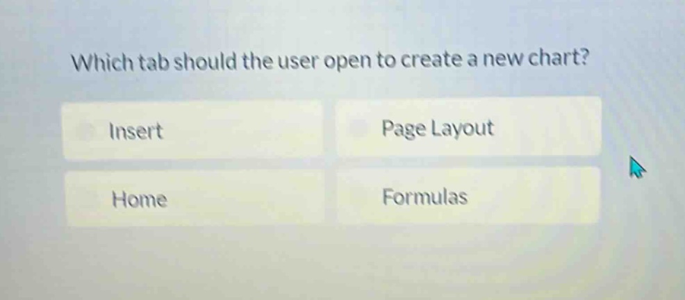 which tab should the user open to create a new chart? insert page layout home formulas