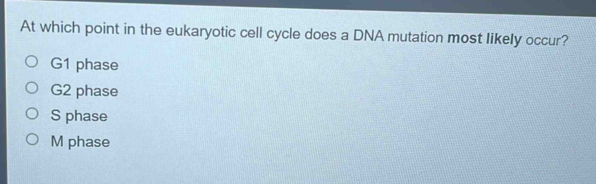 at which point in the eukaryotic cell cycle does a dna mutation most likely occur?\no g1 phase\no g2 phase\no s phase\no m phase