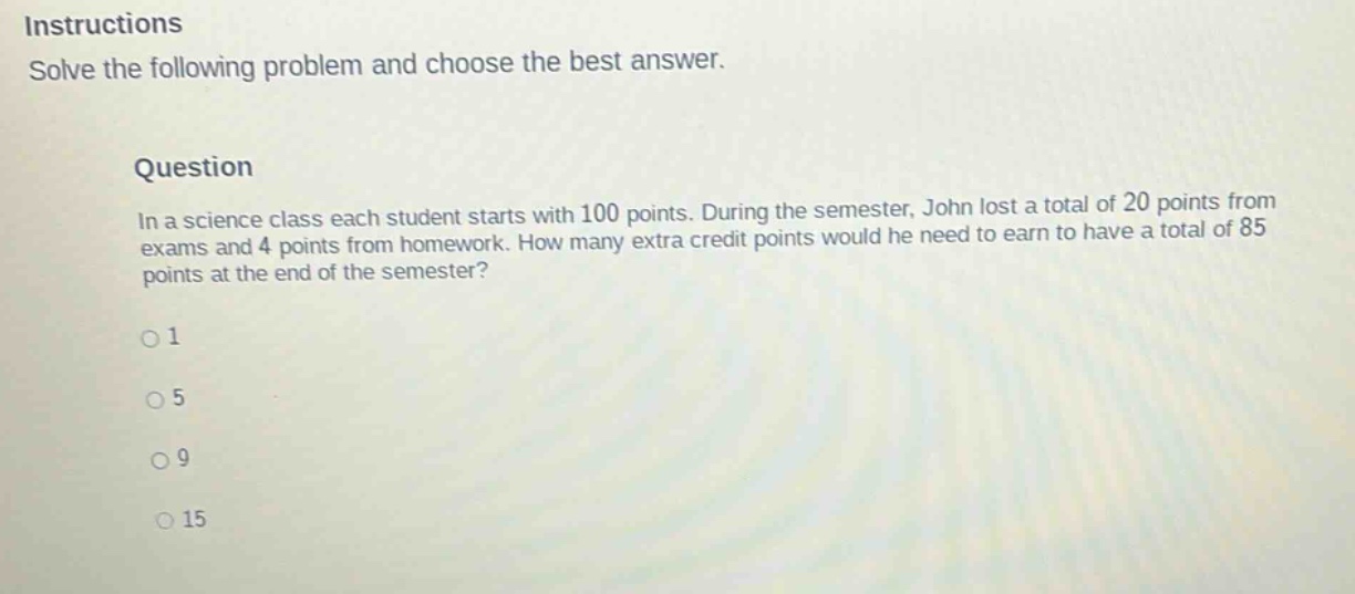 instructions solve the following problem and choose the best answer. question in a science class each student starts with 100 points. during the semester, john lost a total of 20 points from exams and 4 points from homework. how many extra credit points would he need to earn to have a total of 85 points at the end of the semester? 1 5 9 15