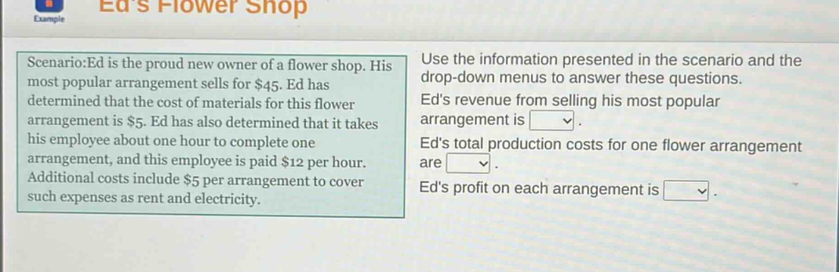 scenario:ed is the proud new owner of a flower shop. his most popular arrangement sells for $45. ed has determined that the cost of materials for this flower arrangement is $5. ed has also determined that it takes his employee about one hour to complete one arrangement, and this employee is paid $12 per hour. additional costs include $5 per arrangement to cover such expenses as rent and electricity. use the information presented in the scenario and the drop - down menus to answer these questions. eds revenue from selling his most popular arrangement is. eds total production costs for one flower arrangement are. eds profit on each arrangement is.