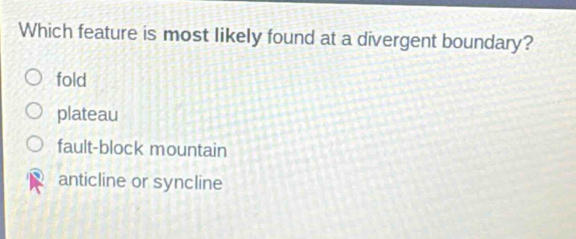 which feature is most likely found at a divergent boundary? fold plateau fault - block mountain anticline or syncline