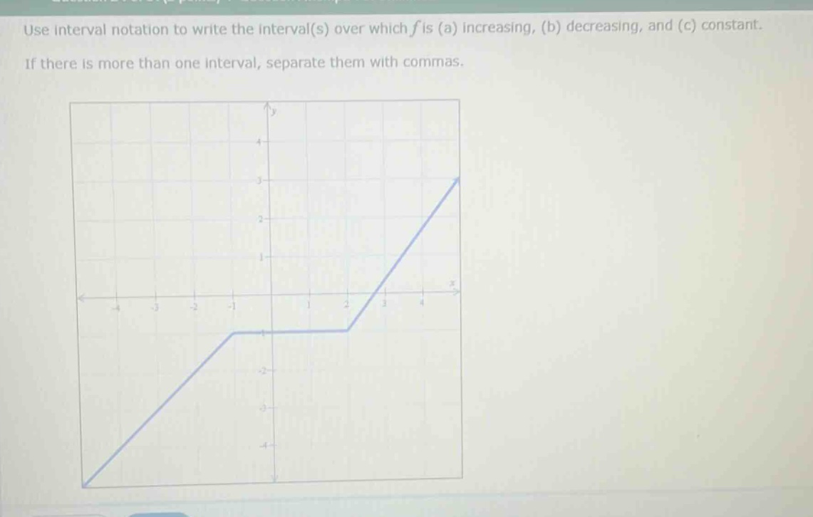 use interval notation to write the interval(s) over which f is (a) increasing, (b) decreasing, and (c) constant. if there is more than one interval, separate them with commas.