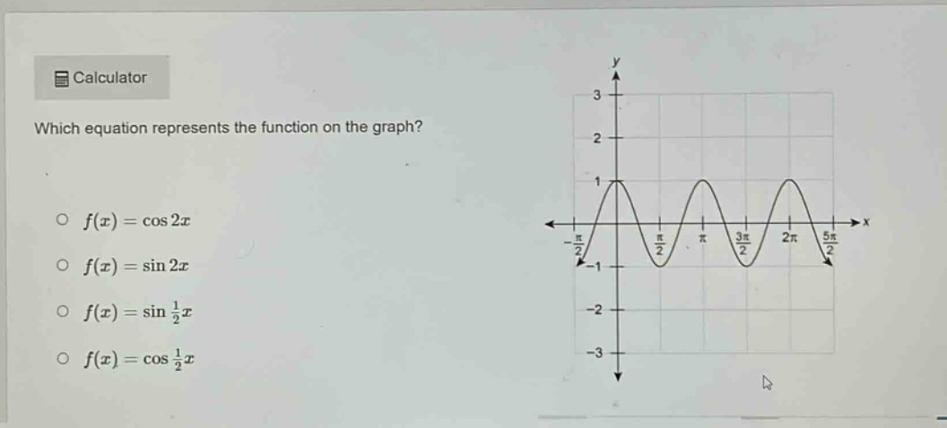 calculator which equation represents the function on the graph? o f(x)=cos2x o f(x)=sin2x o f(x)=sin1/2x o f(x)=cos1/2x