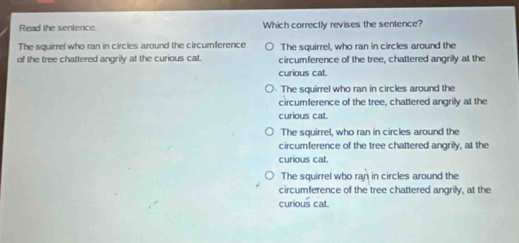 read the sentence. the squirrel who ran in circles around the circumference of the tree chattered angrily at the curious cat. which correctly revises the sentence? the squirrel, who ran in circles around the circumference of the tree, chattered angrily at the curious cat. the squirrel who ran in circles around the circumference of the tree, chattered angrily at the curious cat. the squirrel, who ran in circles around the circumference of the tree chattered angrily, at the curious cat. the squirrel who ran in circles around the circumference of the tree chattered angrily, at the curious cat.