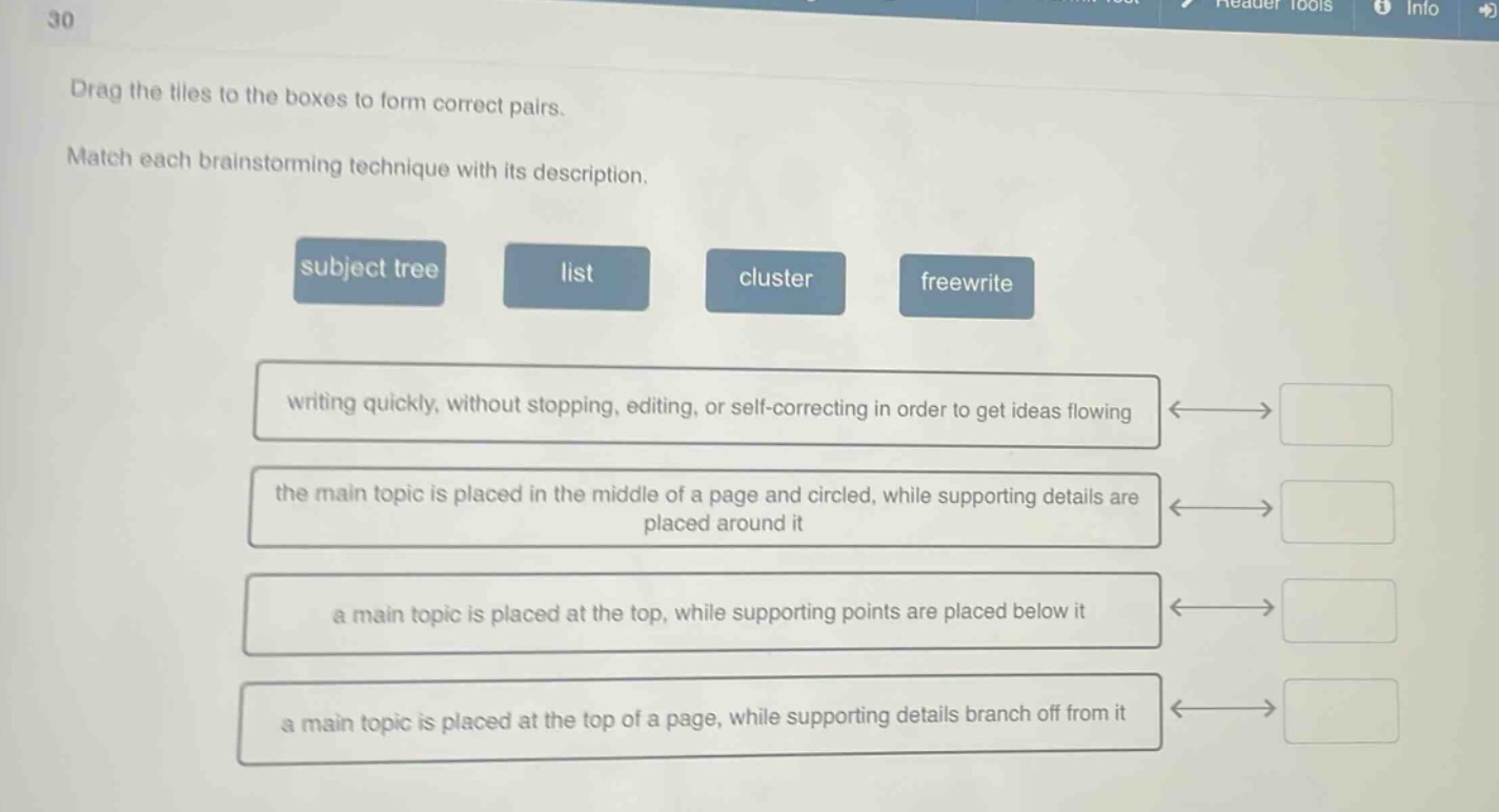 drag the tiles to the boxes to form correct pairs. match each brainstorming technique with its description. subject tree list cluster freewrite writing quickly, without stopping, editing, or self - correcting in order to get ideas flowing the main topic is placed in the middle of a page and circled, while supporting details are placed around it a main topic is placed at the top, while supporting points are placed below it a main topic is placed at the top of a page, while supporting details branch off from it