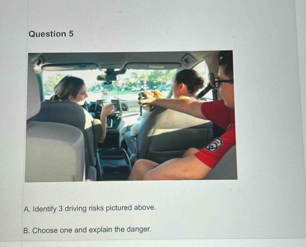 question 5\na. identify 3 driving risks pictured above.\nb. choose one and explain the danger.