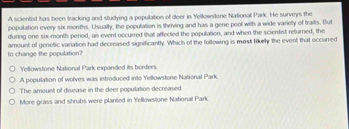 a scientist has been tracking and studying a population of deer in yellowstone national park. he surveys the population every six months. usually, the population is thriving and has a gene pool with a wide variety of traits. but during one six - month period, an event occurred that affected the population, and when the scientist returned, the amount of genetic variation had decreased significantly. which of the following is most likely the event that occurred to change the population?\no yellowstone national park expanded its borders.\no a population of wolves was introduced into yellowstone national park.\no the amount of disease in the deer population decreased.\no more grass and shrubs were planted in yellowstone national park.