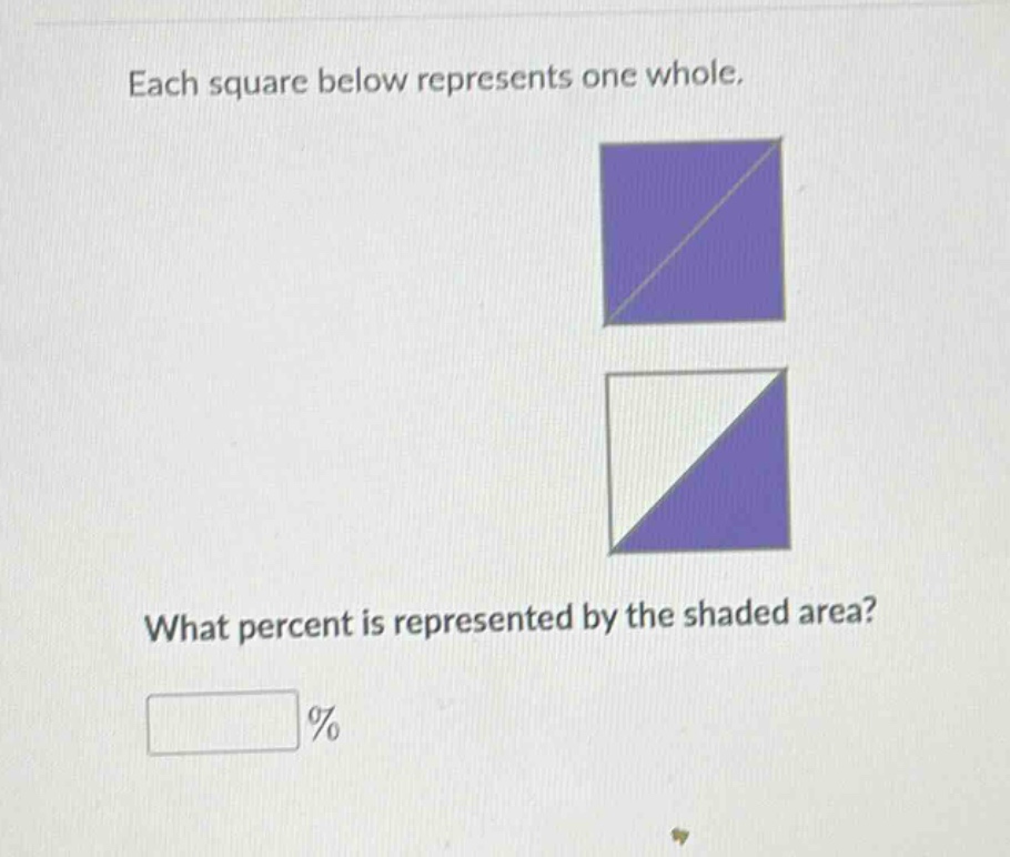 each square below represents one whole. what percent is represented by the shaded area? %