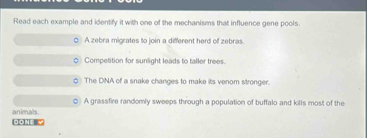 read each example and identify it with one of the mechanisms that influence gene pools. a zebra migrates to join a different herd of zebras. competition for sunlight leads to taller trees. the dna of a snake changes to make its venom stronger. a grassfire randomly sweeps through a population of buffalo and kills most of the animals. done