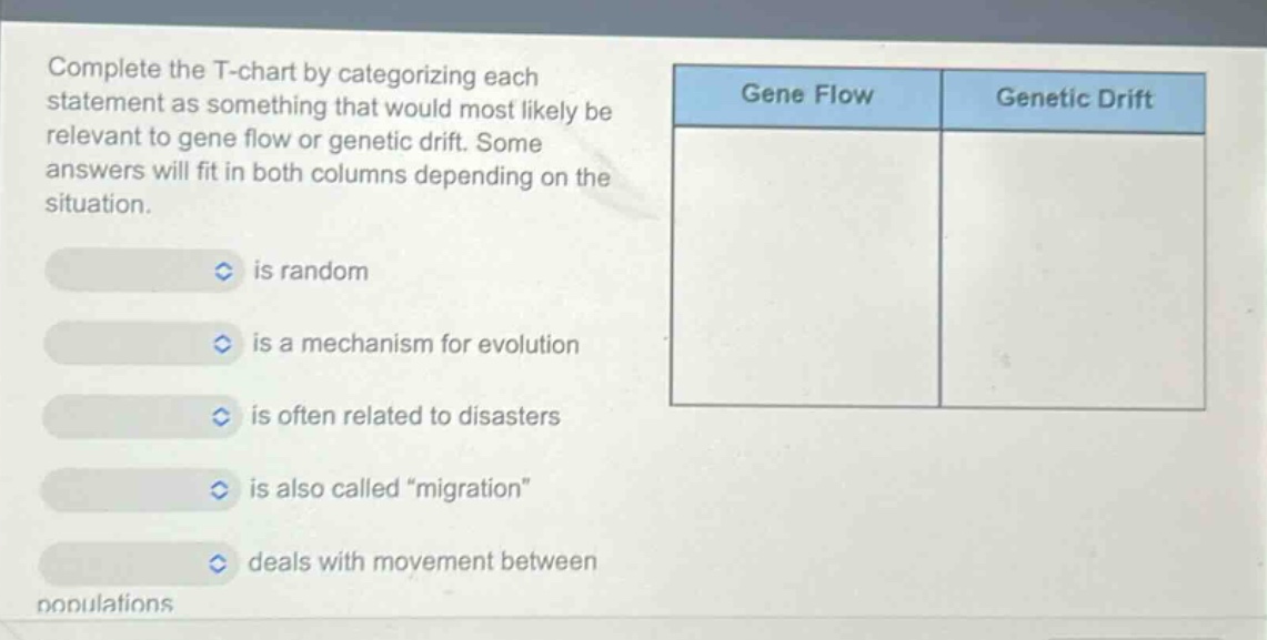 complete the t - chart by categorizing each statement as something that would most likely be relevant to gene flow or genetic drift. some answers will fit in both columns depending on the situation. is random is a mechanism for evolution is often related to disasters is also called \migration\ deals with movement between populations
