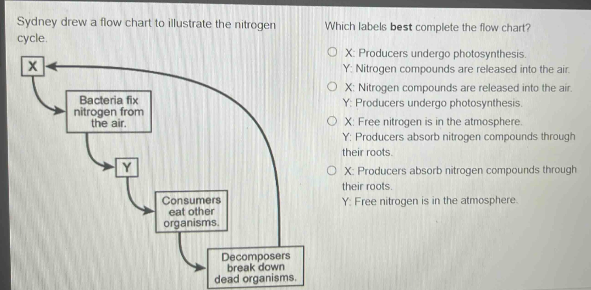 sydney drew a flow chart to illustrate the nitrogen cycle. which labels best complete the flow chart? x: producers undergo photosynthesis. y: nitrogen compounds are released into the air. x: nitrogen compounds are released into the air. y: producers undergo photosynthesis. x: free nitrogen is in the atmosphere. y: producers absorb nitrogen compounds through their roots. x: producers absorb nitrogen compounds through their roots. y: free nitrogen is in the atmosphere.