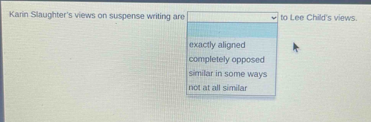 karin slaughters views on suspense writing are to lee childs views. exactly aligned completely opposed similar in some ways not at all similar